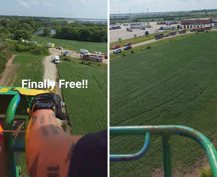 A terrified electrician records goodbye message, now finally free from the 130ft high sign, looking down at the rescue
