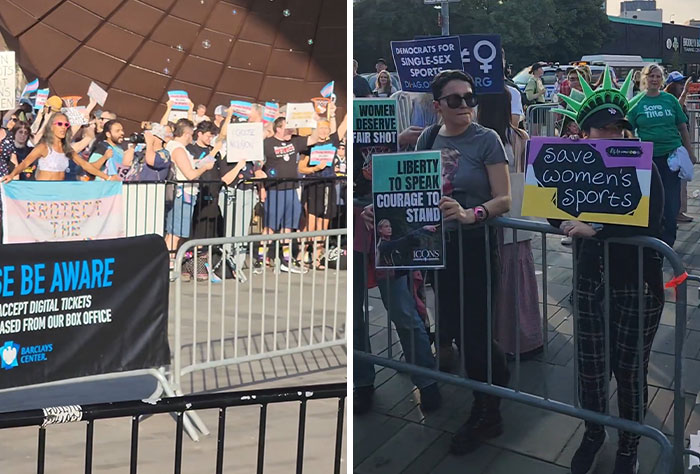 Split image showing pro-trans and anti-trans WNBA protesters. Anti-trans protesters fumble reporter's simple WNBA question. Split image showing pro-trans and anti-trans WNBA protesters. Anti-trans protesters fumble reporter's simple WNBA question.
