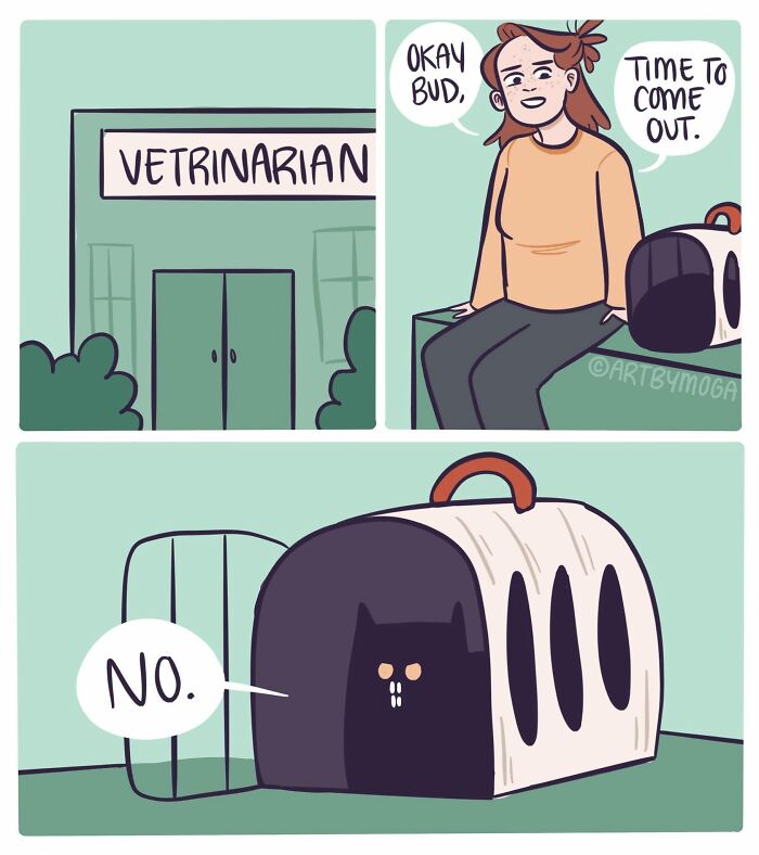 A comic by Meg Adams about life with a cat at the veterinarian, with the cat refusing to leave its carrier.