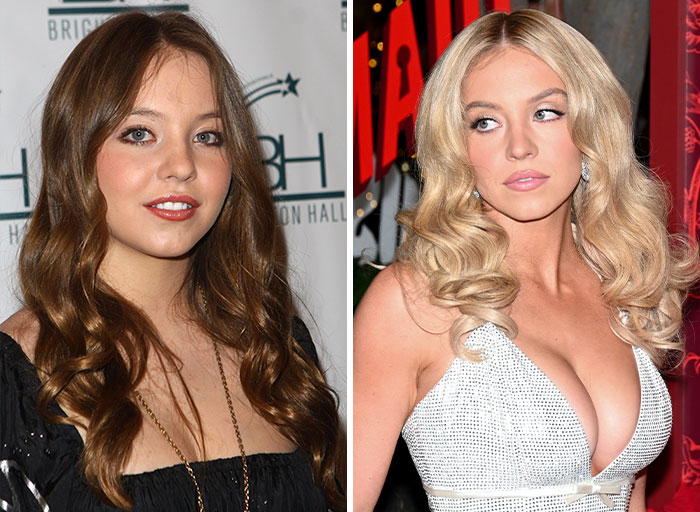 Sydney Sweeney's before and after fame style transformation, illustrating her developing celebrity style.