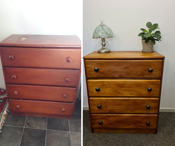 Before and after DIY improvements of a wooden dresser, updated with a fresh finish and new black knobs, beside a lamp and plant.