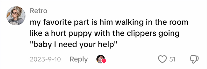 A social media comment discussing a blue-collar husband asking for help with clippers, related to a new trend. A social media comment discussing a blue-collar husband asking for help with clippers, related to a new trend.
