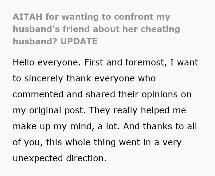 A screenshot of text with an update about confronting a cheating husband and taking down more cheaters. A screenshot of text with an update about confronting a cheating husband and taking down more cheaters.
