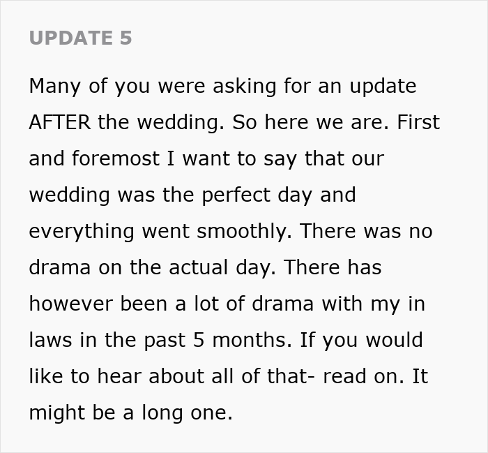 Wedding dispute shows how one small request from the in-laws can tear a family apart, update 5. Wedding dispute shows how one small request from the in-laws can tear a family apart, update 5.