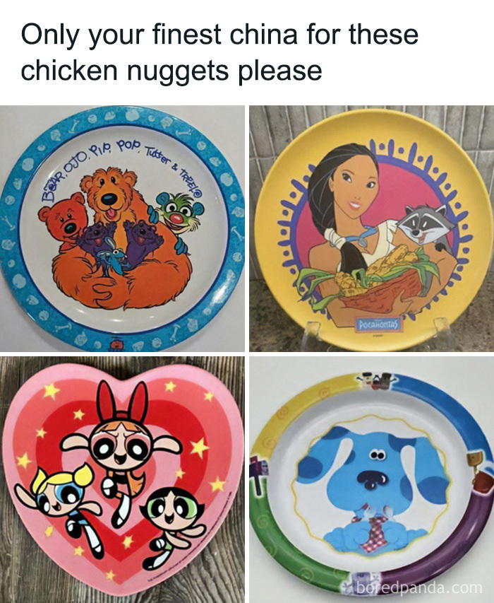 Various cartoon-themed plates including Pocahontas, Powerpuff Girls, and Blue's Clues, evoking 90s and 00s nostalgia.