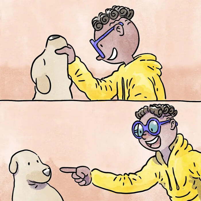 Smiling person in yellow hoodie pointing at a seated dog in pet life comic Smiling person in yellow hoodie pointing at a seated dog in pet life comic