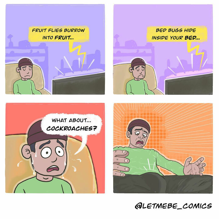 Relatable comic artist drawing of a man worried about cockroaches in a familiar storyline.