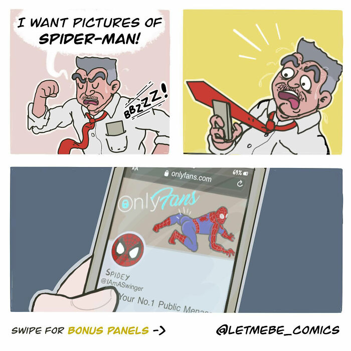 Humorous comic artist illustration of J. Jonah Jameson discovering Spiderman on OnlyFans.
