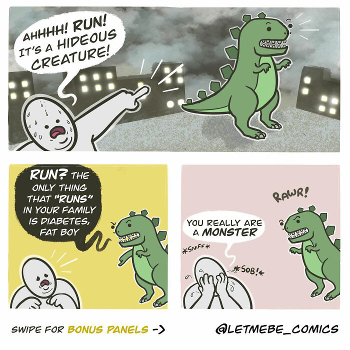Funny comic artist drawing of a dinosaur insulting a man in an unhinged storyline.