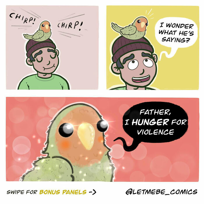 Familiar characters comic artist artwork showing a bird asking for violence.