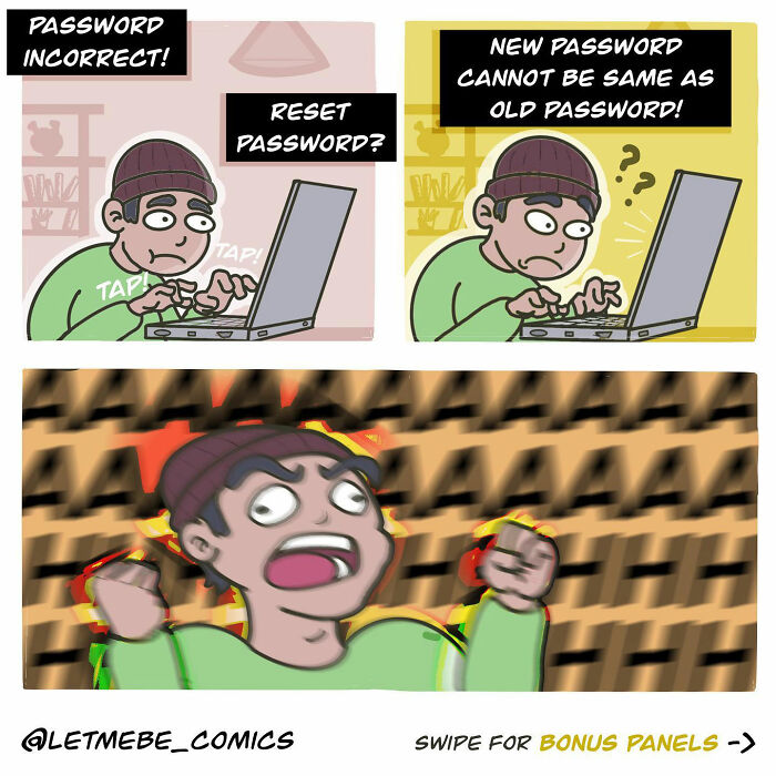 Hilarious comic artist illustration of a man struggling with password reset for unhinged storylines.