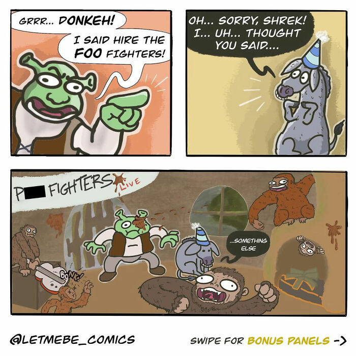 Hilariously unhinged comic by an artist showing Shrek angry at Donkey for hiring the wrong fighters.