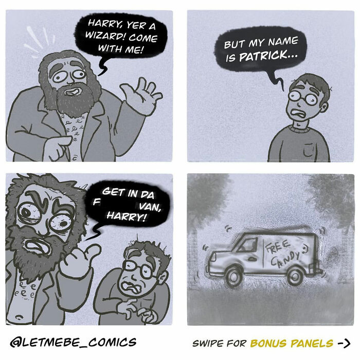 Comic artist reimagines Harry Potter with a confused man named Patrick and a free candy van.