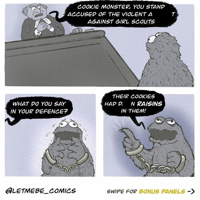 Comic artist story shows Cookie Monster in court, accused of violence against Girl Scouts due to raisin cookies.