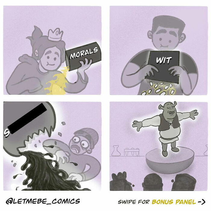 A comic artist shows characters losing morals and wit. Shrek appears to be created, standing on a podium in a lab.