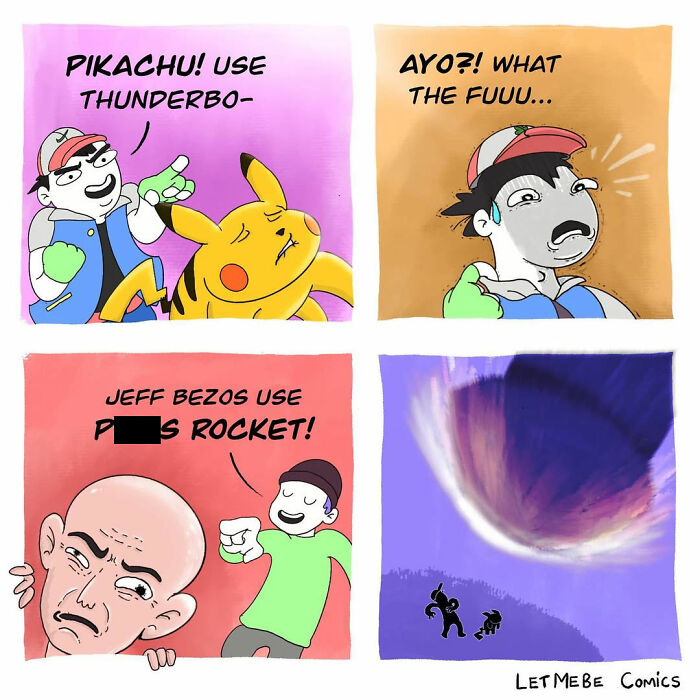 A comic artist shows Ash ordering Pikachu to use Thunderbolt, which terrifies him. Jeff Bezos orders an unhinged rocket.