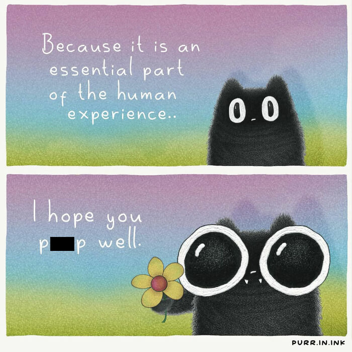 Adorable illustrations of cat behavior: A black cat offers a flower, wishing someone to p**p well, an essential human experience.