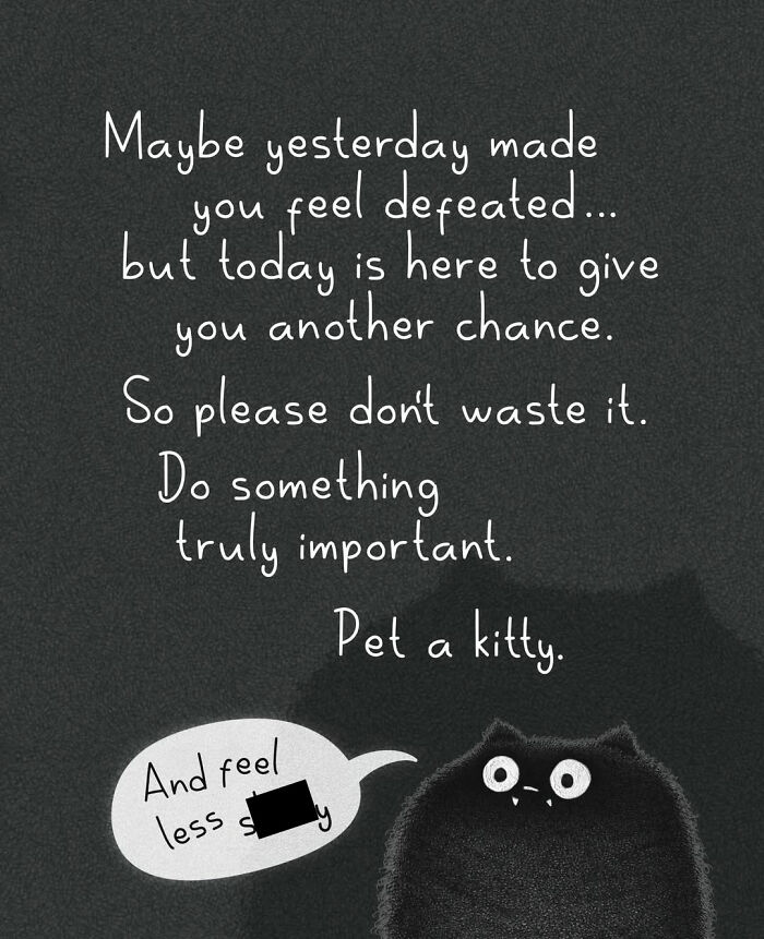 An illustration of a fluffy black cat saying to pet a kitty to feel less sad, showcasing adorable cat behavior.