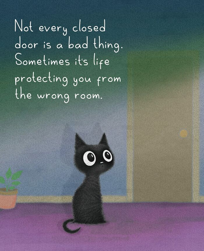 An illustration of a small black cat sitting in front of a closed door, representing adorable cat behavior.