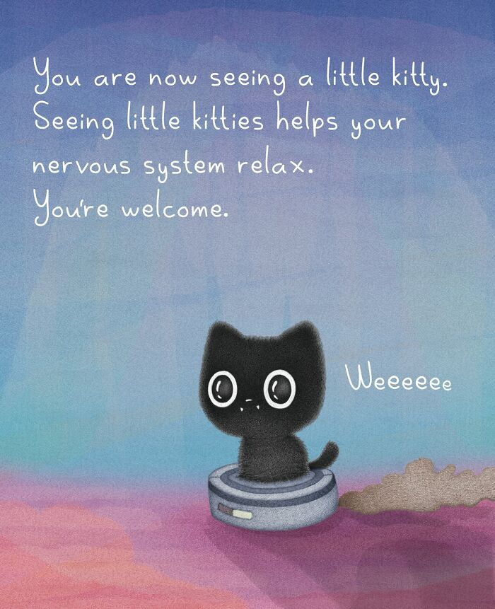 An illustration of a small black cat riding a robot vacuum cleaner, relaxing viewers with its adorable cat behavior.