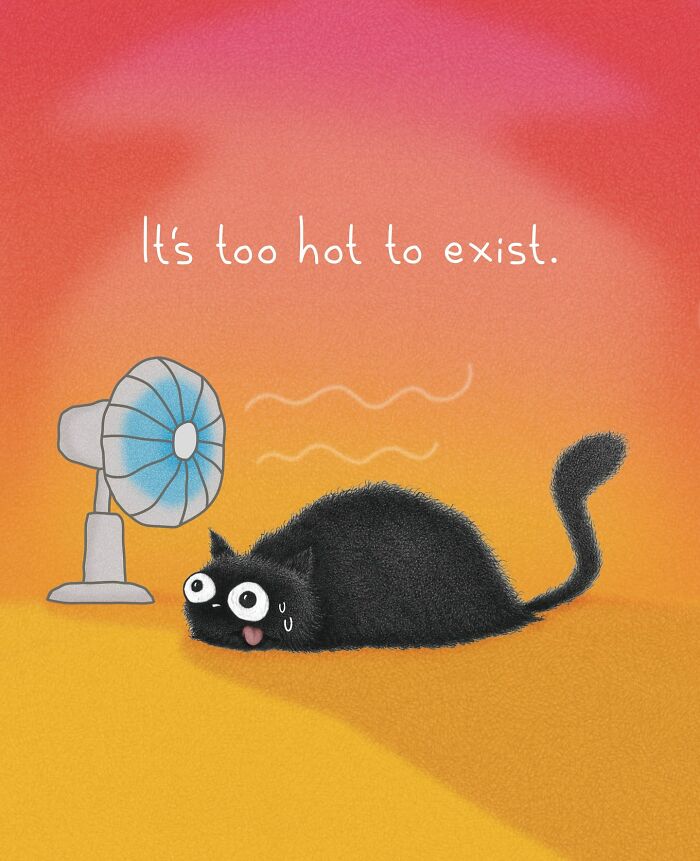 Adorable illustrations of cat behavior: A black cat lies on a hot floor with a fan, tongue out, sweating.