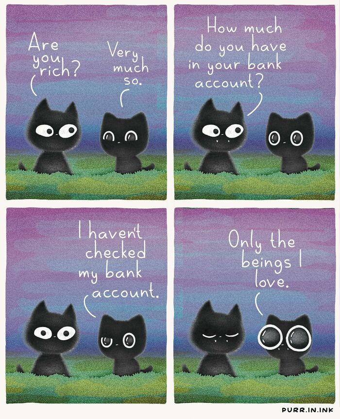 Adorable illustrations of cat behavior: Two black cats discuss wealth, one claiming riches in love, not money.