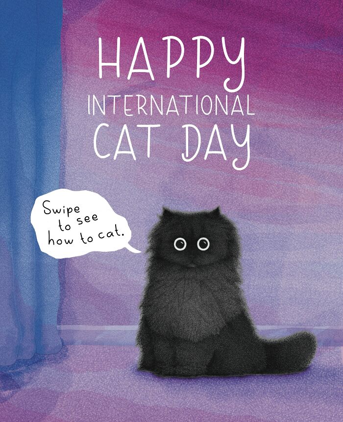 Adorable illustration of a fluffy cat, celebrating Happy International Cat Day, showcasing cat behavior.