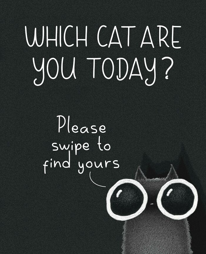 Adorable illustration asking Which cat are you today? with a cat's wide eyes. Artwork depicting cat behavior.