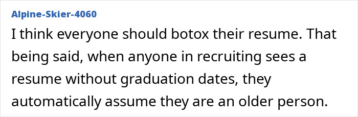 A screenshot of a Reddit comment suggesting the 'resume Botoxing' trick for job applications to avoid age-related assumptions.