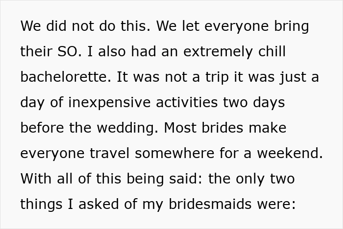 A wedding dispute shows a bride describing her chill bachelorette party, leading up to a small request from in-laws. A wedding dispute shows a bride describing her chill bachelorette party, leading up to a small request from in-laws.
