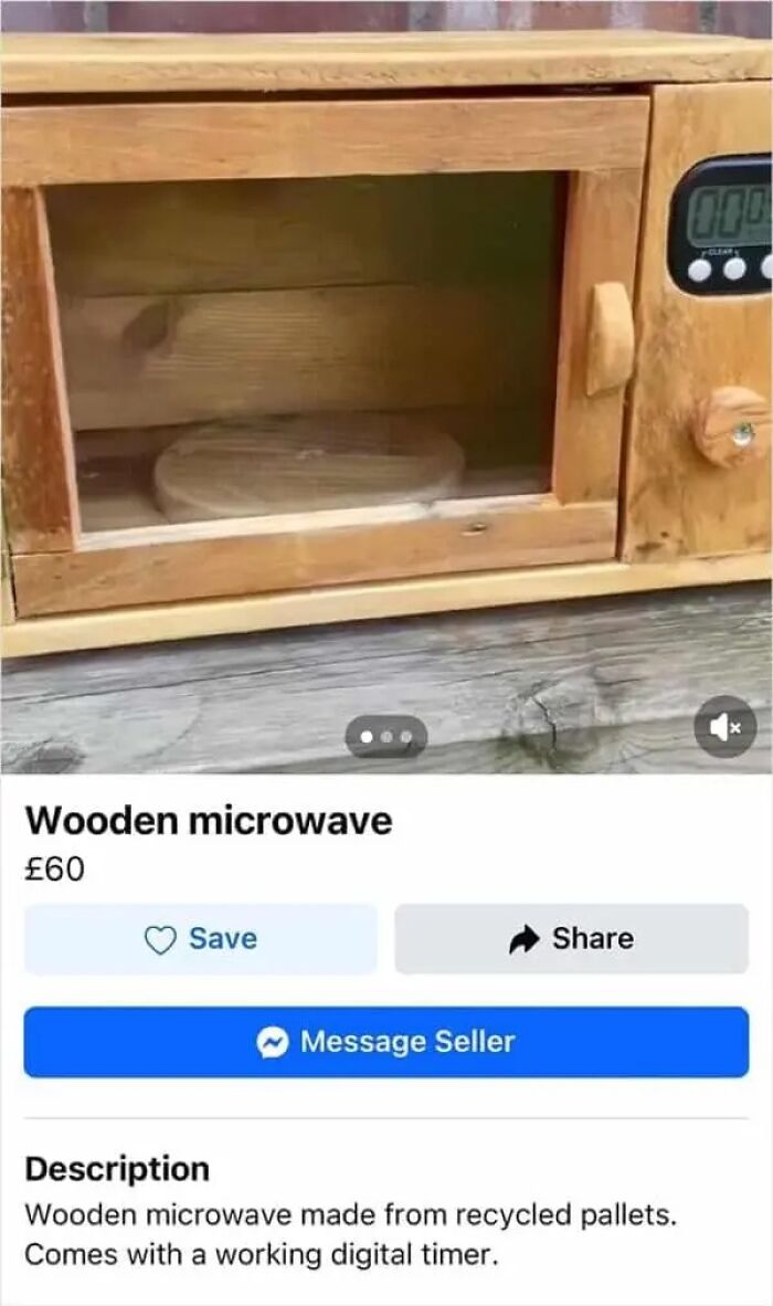 A wooden microwave made from recycled pallets with a working digital timer, an unusual item on an online marketplace from the weirdest people.