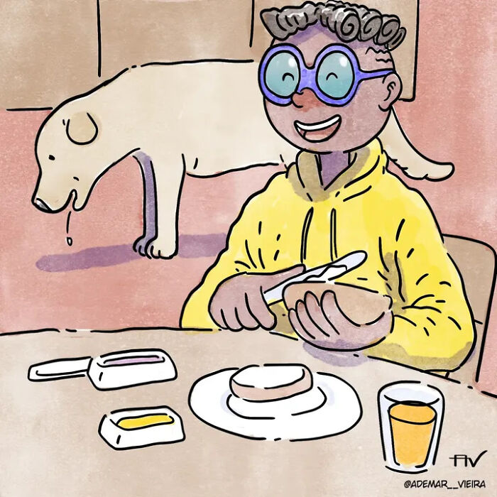 Person in yellow hoodie spreading butter on bread while dog waits nearby in comic Person in yellow hoodie spreading butter on bread while dog waits nearby in comic