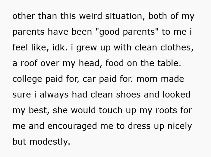 Text outlining the woman's 'good parents' despite the ruined father-daughter bond by a paranoid mom. Text outlining the woman's 'good parents' despite the ruined father-daughter bond by a paranoid mom.