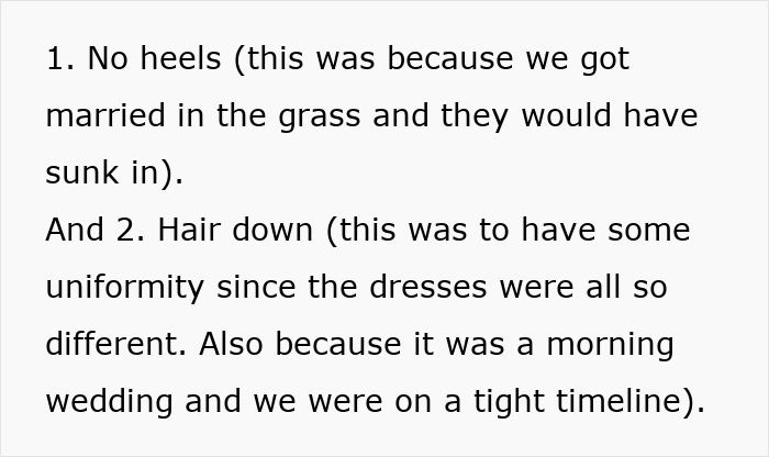 Wedding dispute about small request for no heels in grass and hair down for uniformity tearing family apart. Wedding dispute about small request for no heels in grass and hair down for uniformity tearing family apart.