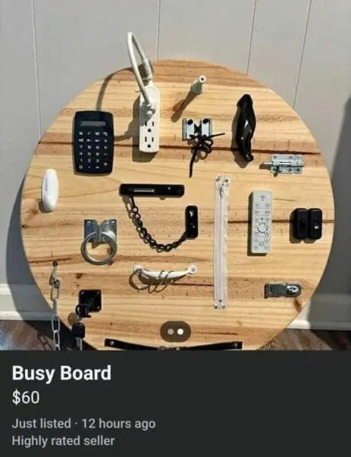 A handmade busy board for sale on an online marketplace, priced at $60. It features various household items attached to a round wooden board. This is an online marketplace screenshot.