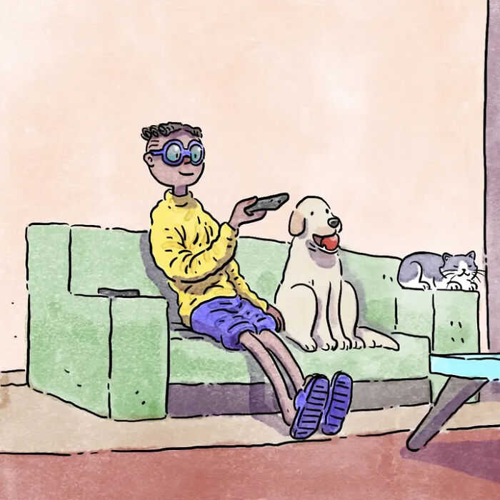 Person watching TV on couch with dog and cat nearby in life with pets comic Person watching TV on couch with dog and cat nearby in life with pets comic