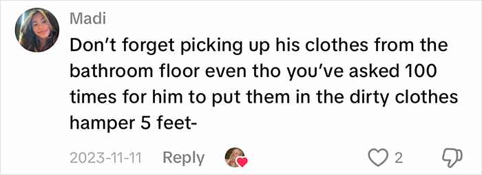 A social media comment by Madi on the new trend, discussing laundry habits of blue-collar husbands. A social media comment by Madi on the new trend, discussing laundry habits of blue-collar husbands.