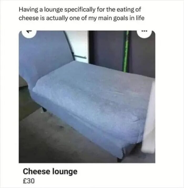 A grey upholstered lounge chair, humorously advertised as a cheese lounge, highlighting one of the weirdest online marketplace items.