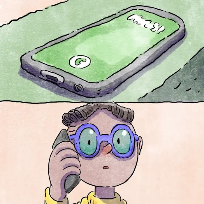 Heartwarming comics: A cartoon illustration of a smartphone and a person talking on the phone. Heartwarming comics: A cartoon illustration of a smartphone and a person talking on the phone.