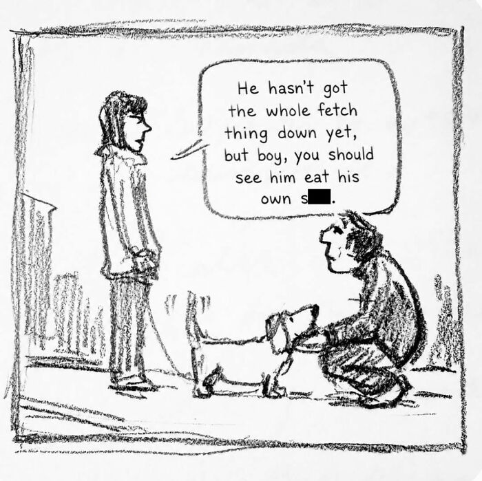 Two people discussing a dog's antics in a funny dog comic by Harry Bliss.