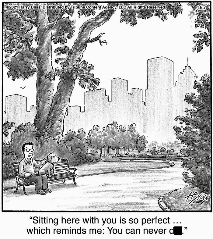 A man and his dog sit on a park bench with a city skyline in the background, a funny dog comic.