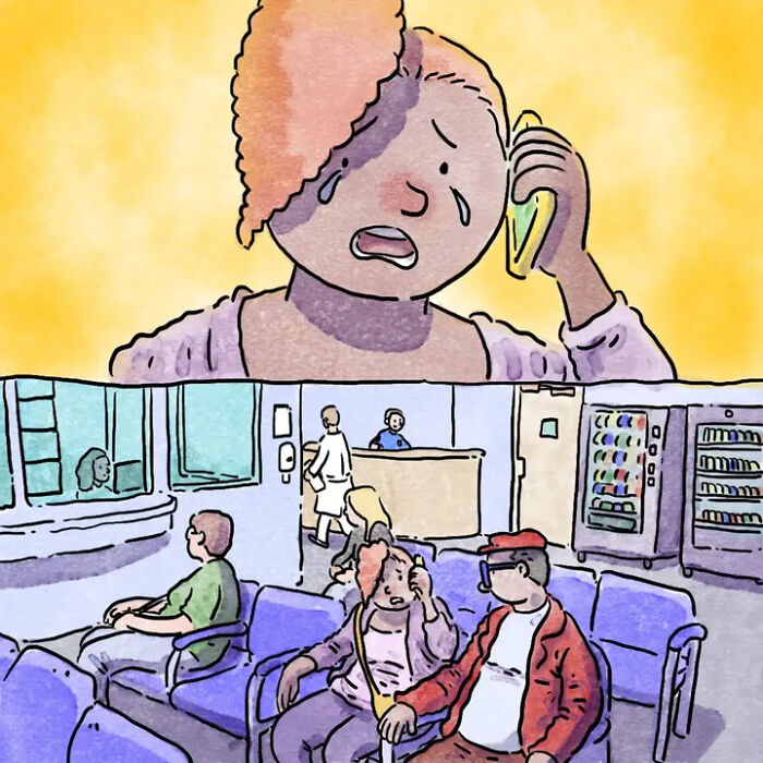 Heartwarming comics: A crying woman talking on the phone, and a waiting room scene with people. Heartwarming comics: A crying woman talking on the phone, and a waiting room scene with people.