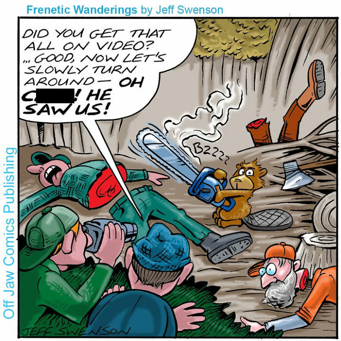 A comic showing a beaver holding a chainsaw and looking at a man, illustrating a one-panel comic.