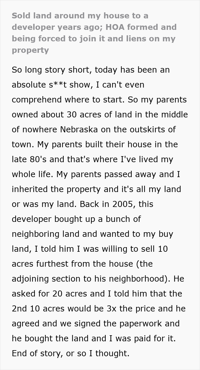Text detailing how an HOA won't leave a resident alone after a land sale, uncovering a secret scheme.
