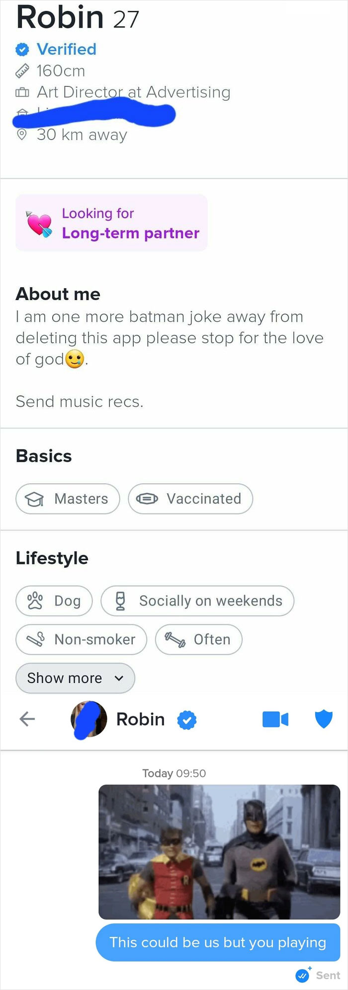 A wild and cringey online dating screenshot showing Robin, 27, seeking a long-term partner and a funny bio.