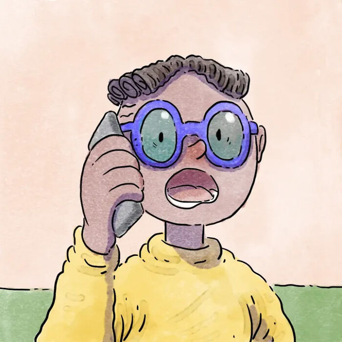 Heartwarming comics: A person with blue glasses and a yellow sweater talking on a phone with a surprised expression. Heartwarming comics: A person with blue glasses and a yellow sweater talking on a phone with a surprised expression.