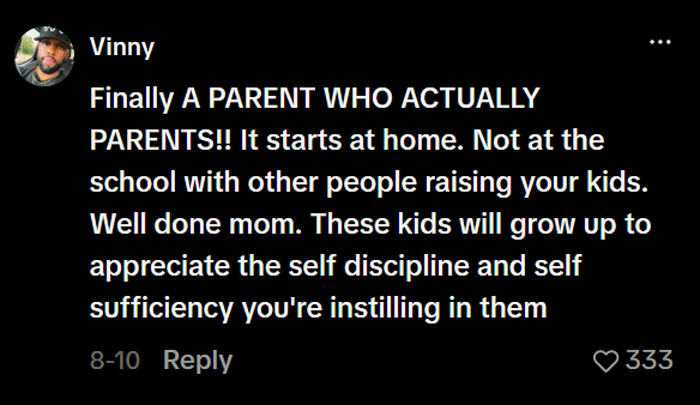 Vinny's comment praises a mom for raising kids who read and exercise, emphasizing parental involvement. Vinny's comment praises a mom for raising kids who read and exercise, emphasizing parental involvement.
