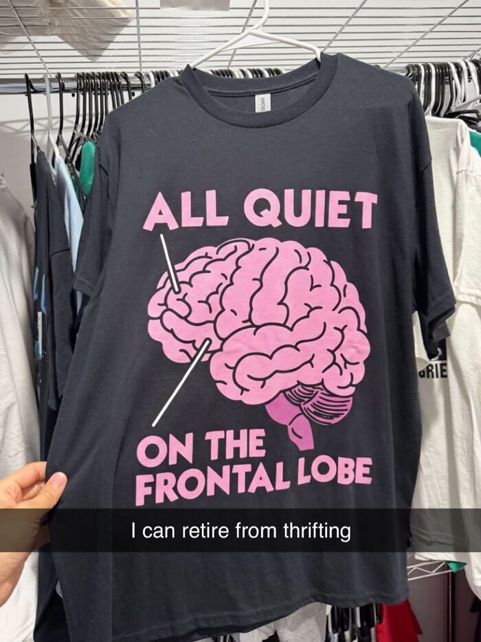 A black iconic shirt with a pink brain graphic and the text: ALL QUIET ON THE FRONTAL LOBE.