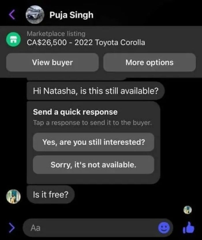 An online marketplace screenshot shows a chat conversation about a 2022 Toyota Corolla for CA$26,500. A buyer asks: Is it free?