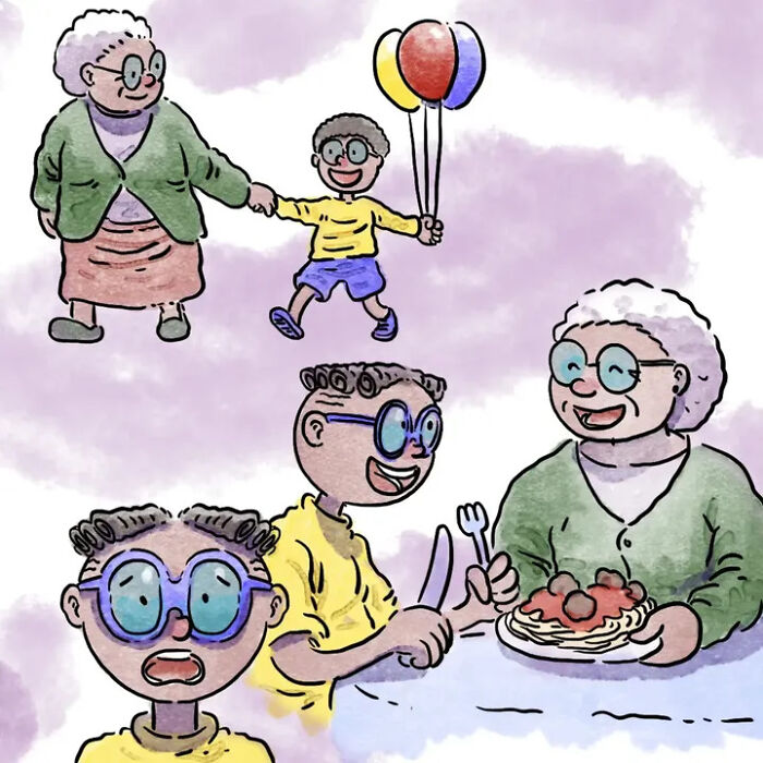 Heartwarming comics: A multi-panel image showing a child with balloons, a family eating spaghetti, and a person looking worried. Heartwarming comics: A multi-panel image showing a child with balloons, a family eating spaghetti, and a person looking worried.
